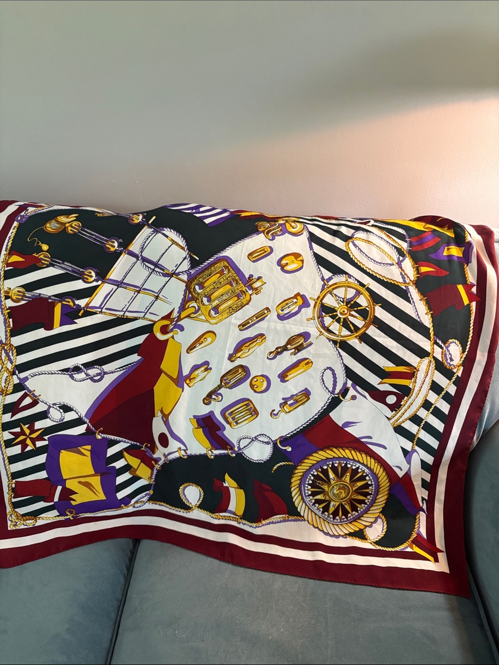 Hermes Silk Scarf in Burgundy, Black, White, Gold, Purple - Picture 4 of 6